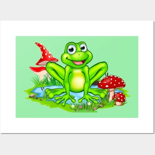 Cute Frog At The Pond And Mushrooms Nature Posters and Art